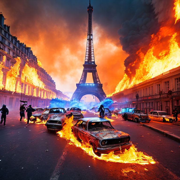 Dramatic scene with Eiffel Tower in fiery chaos