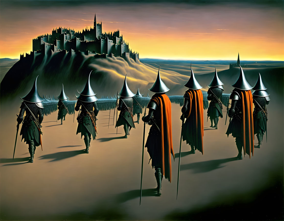 Surreal painting of robed figures in desert setting marching towards castle hill