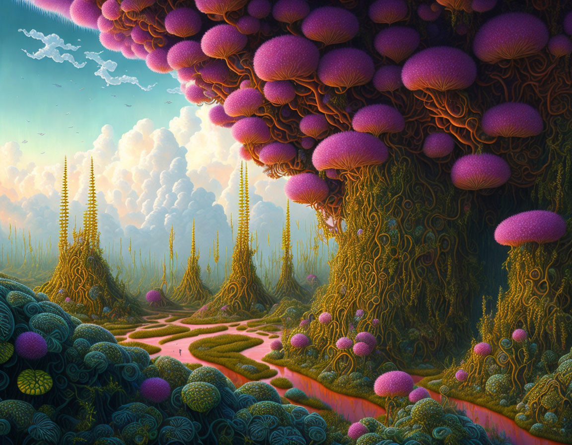 Fantasy Landscape with Mushroom Towers, Pink River, and Hazy Sky