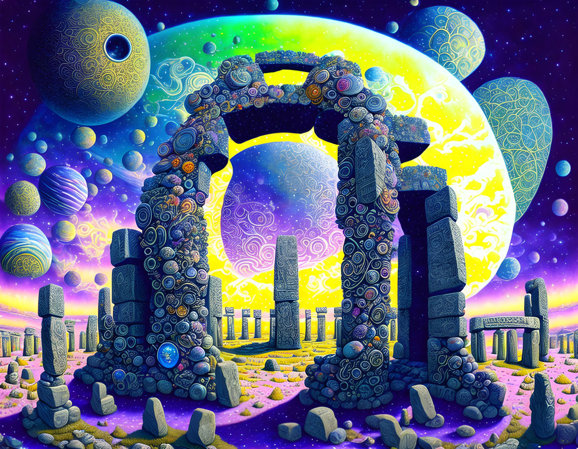 Colorful Stone Archway and Megaliths in Cosmic Setting