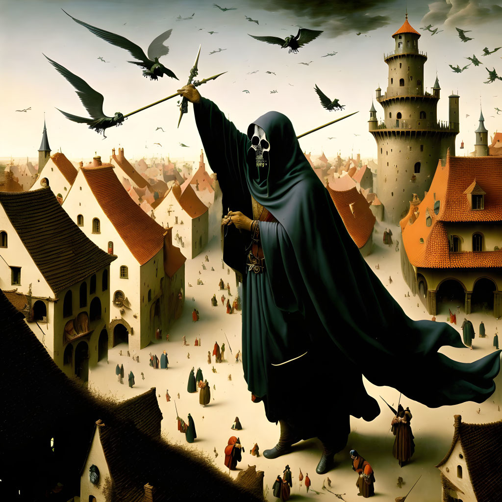 Grim reaper, dragon, and medieval town in dark sky scene
