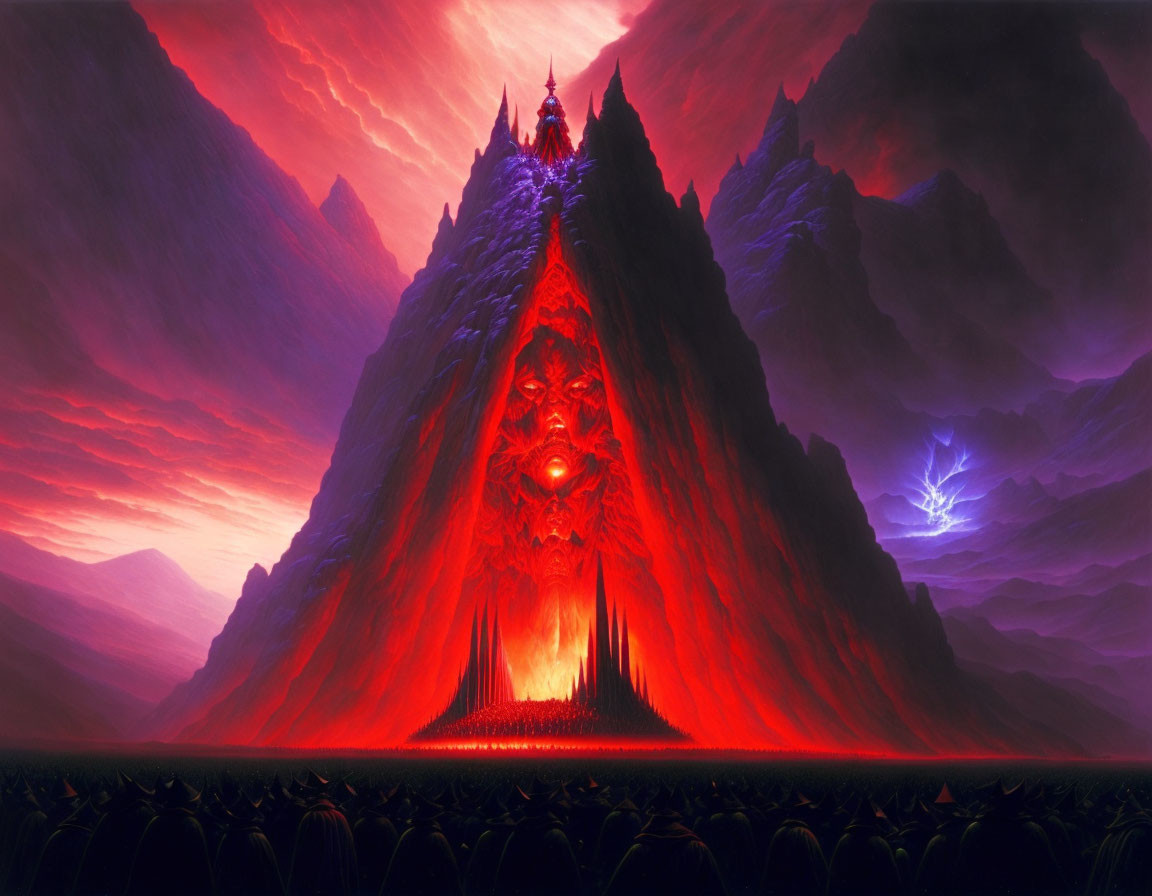 Fantastical volcanic mountain with glowing red eye and spires under crimson sky, surrounded by smaller peaks