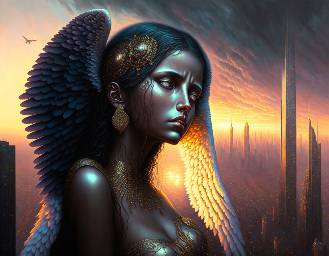 Illustrated female figure with angel wings in futuristic city skyline at sunset