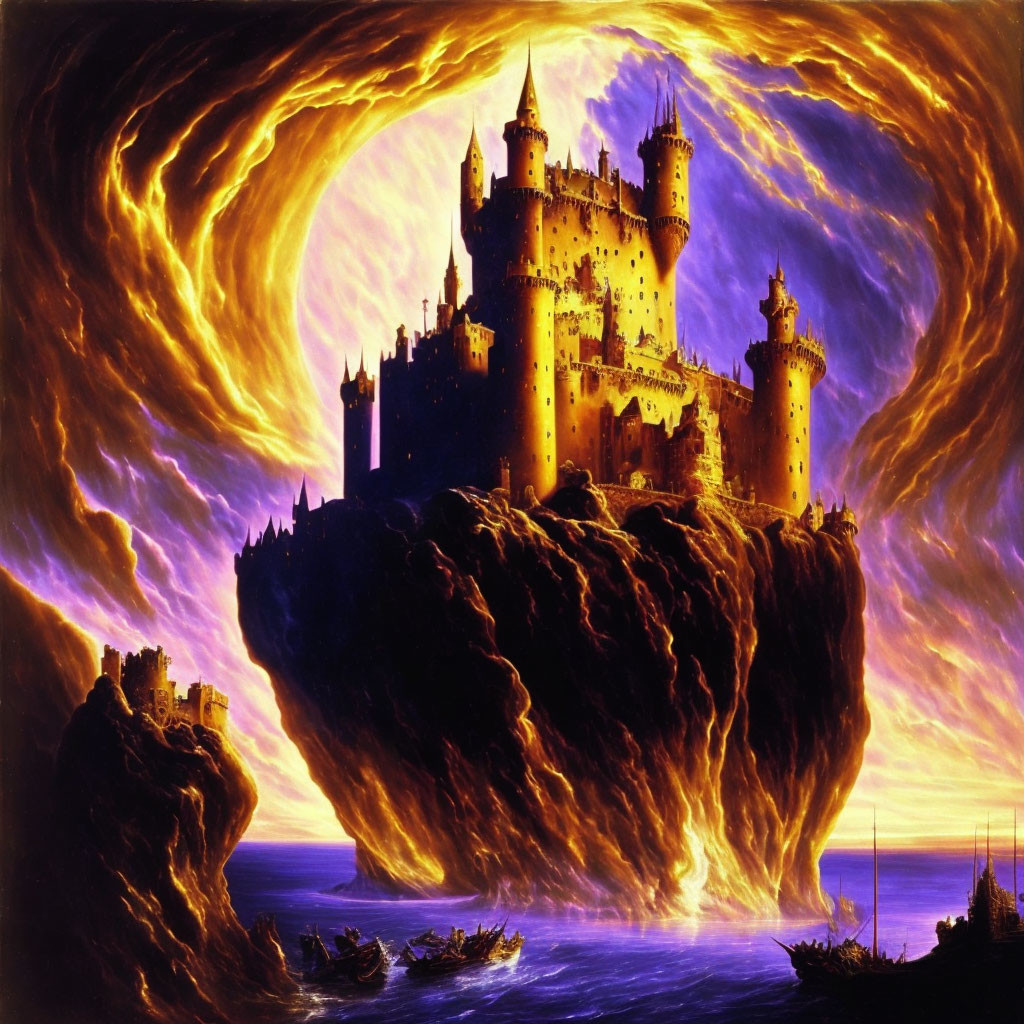 Fantastical castle on floating rock with swirling vortex and boats below