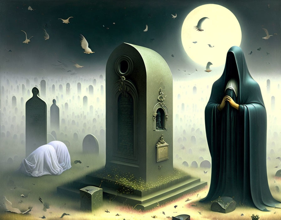 Surreal graveyard scene with vintage radio tombstone, shrouded and cloaked figures, birds