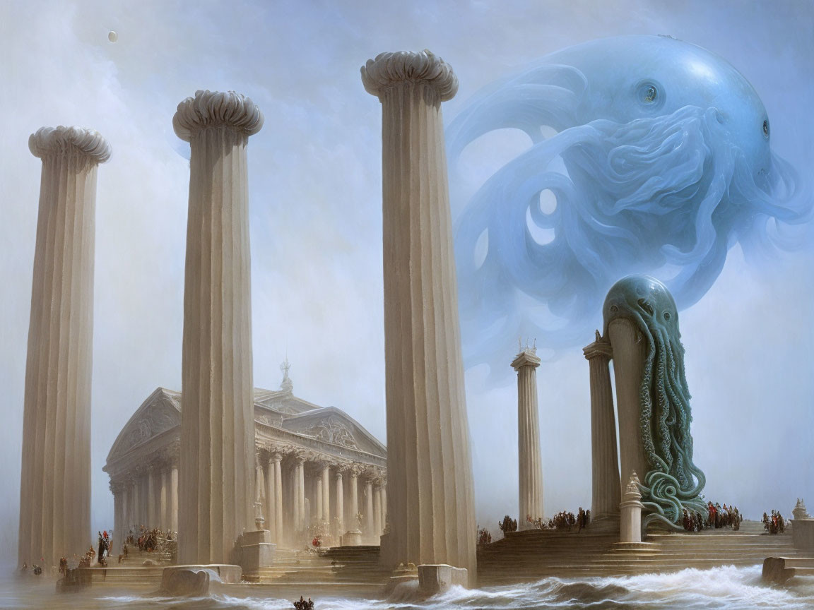 Giant blue octopus over Greek-style columns and temple with small figures.