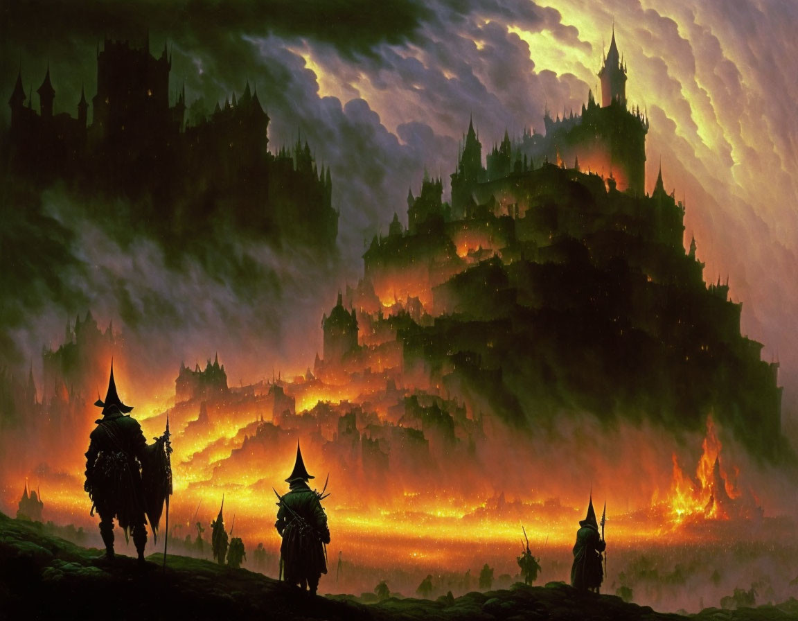 Fantastical landscape with glowing lava, robed figures, and towering castle.