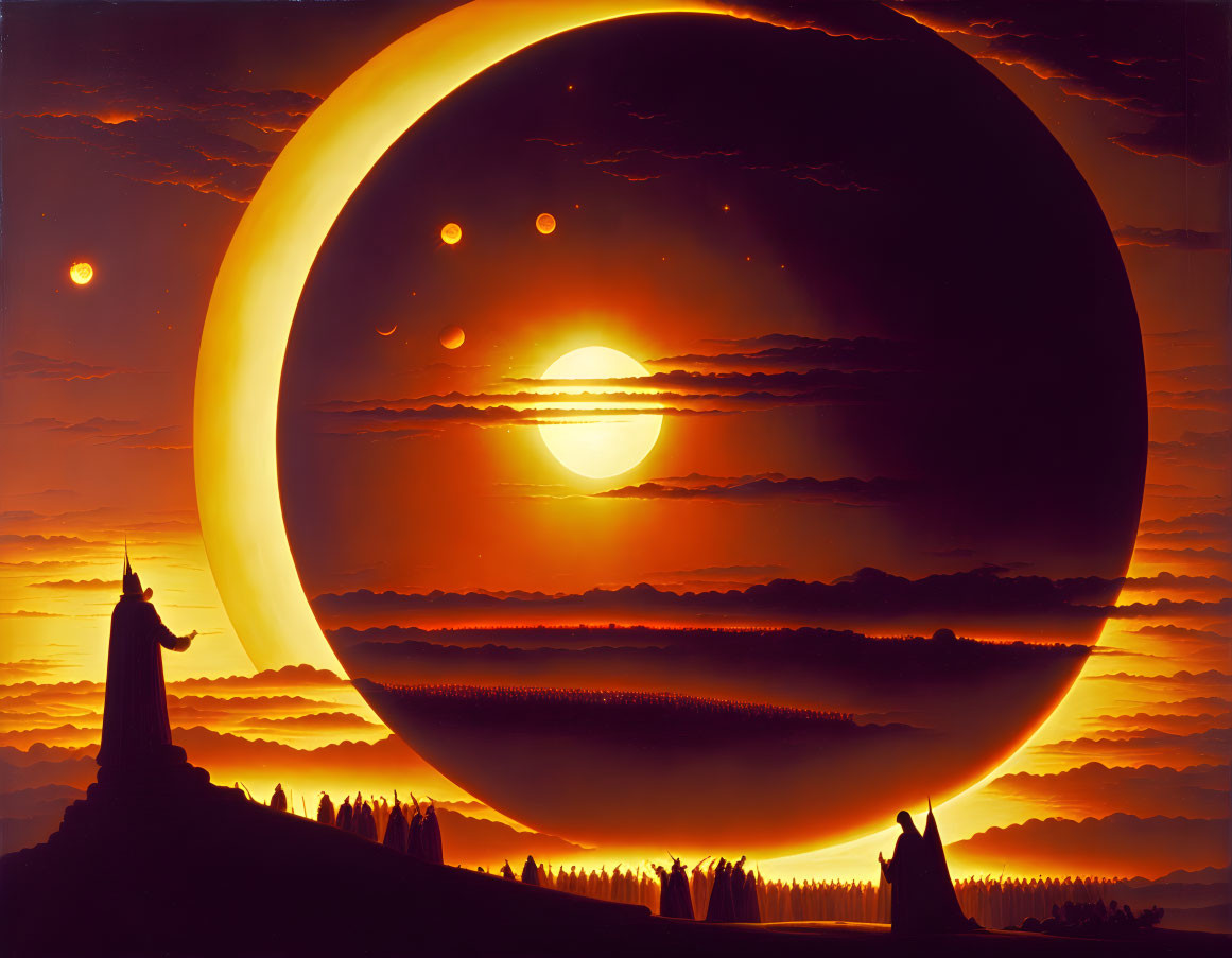 Silhouetted figure against ringed planet and moons at sunset
