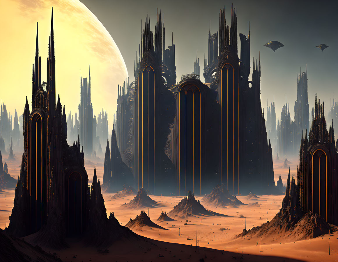 Futuristic desert landscape with spire-like structures and flying vehicles