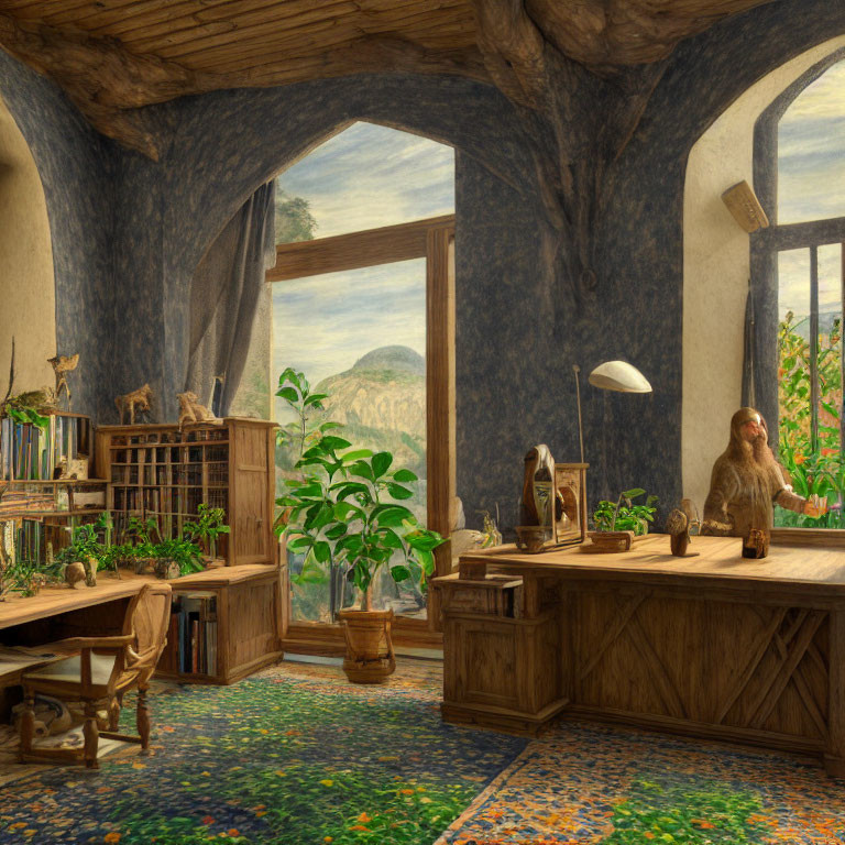 Rustic study room with bookshelf, desk, plants, cat, & mountain view
