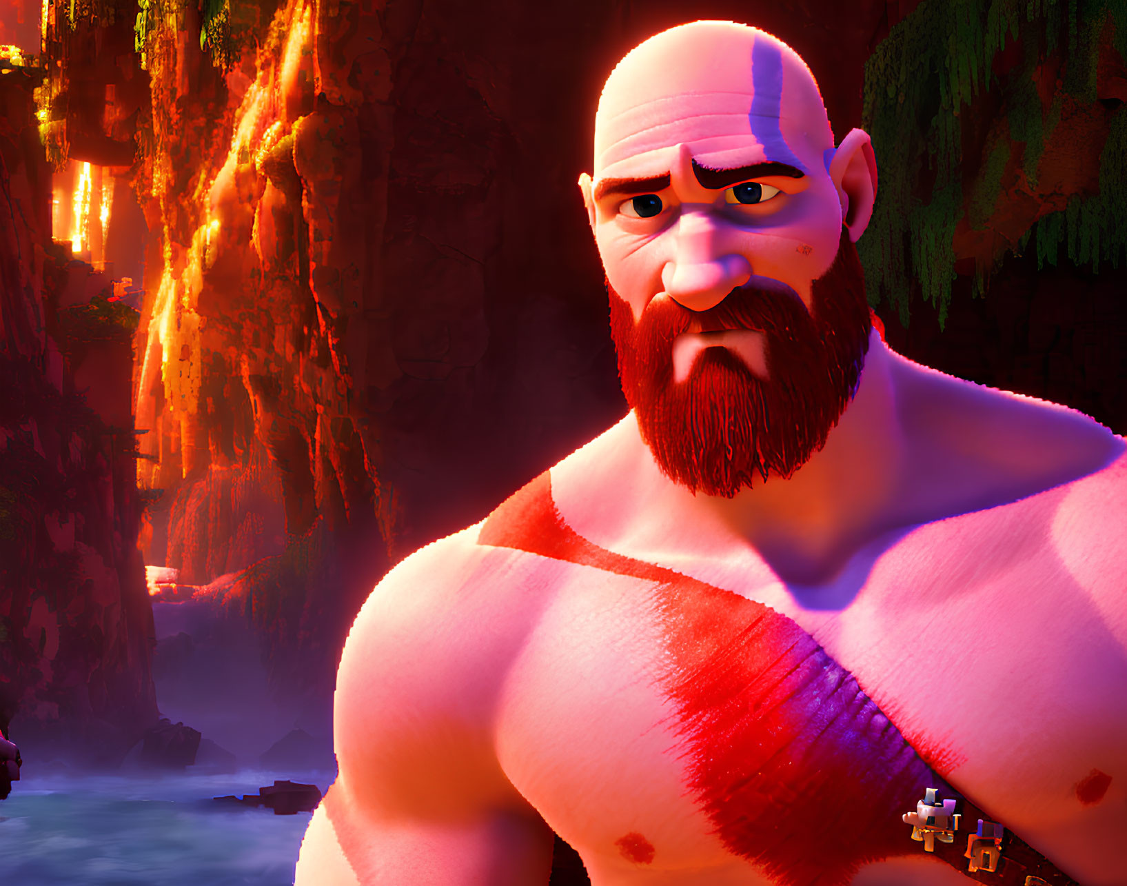 Muscular animated character with a beard in red strap against fiery volcanic backdrop