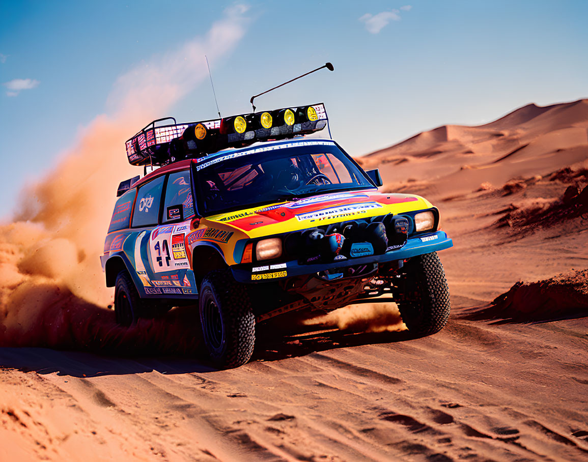 Rally Car with Number 208 Racing in Desert Sandstorm