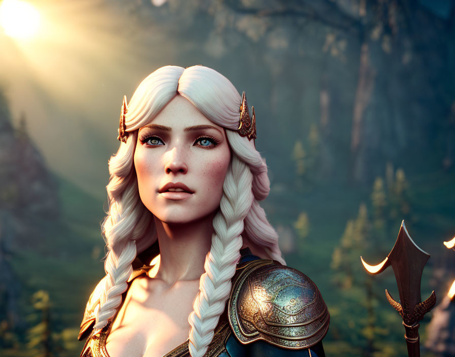 Digital portrait of blonde fantasy warrior with braided hair and intricate armor in forest sunset