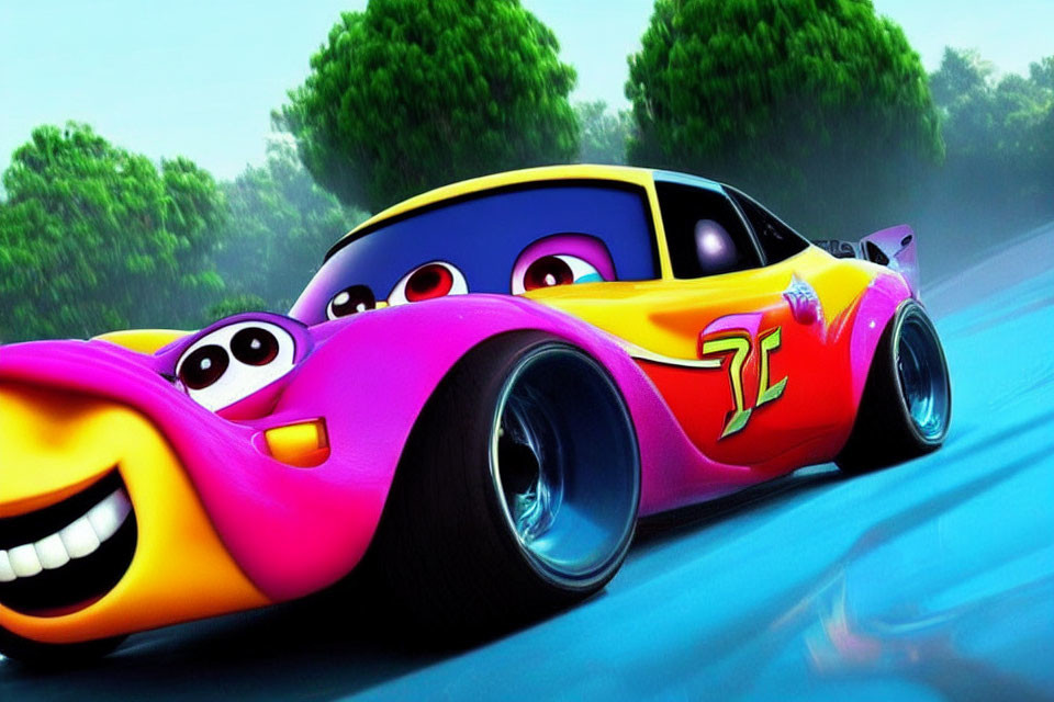 Colorful animated car with eyes and smiling bumper on a track