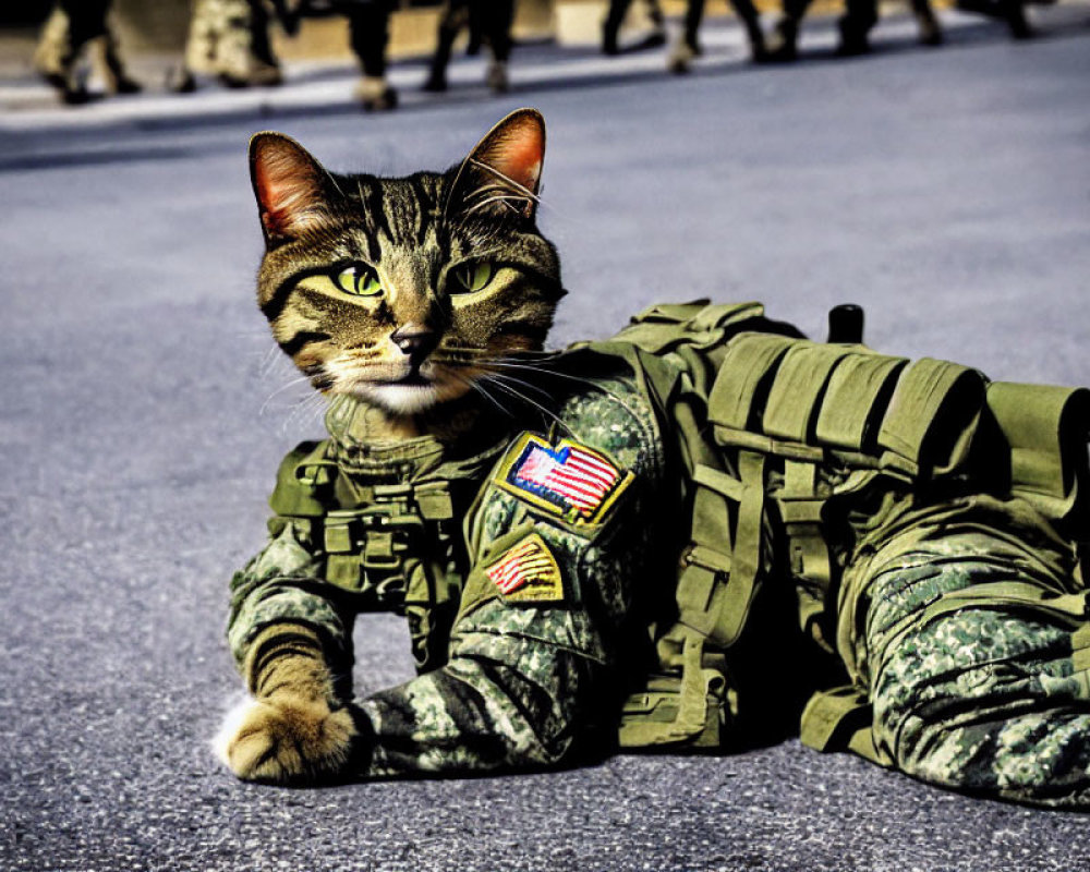 Camouflage cat mimics soldier pose with people's legs in background