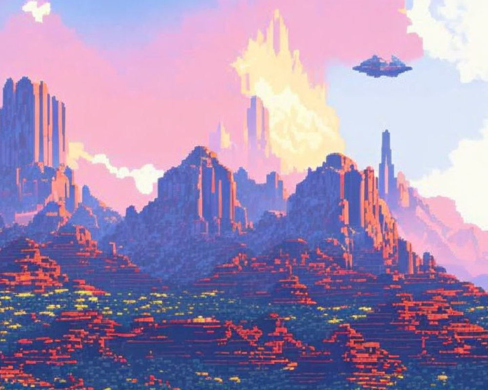 Colorful pixel art landscape featuring towering mountains, vibrant sunset, and floating islands