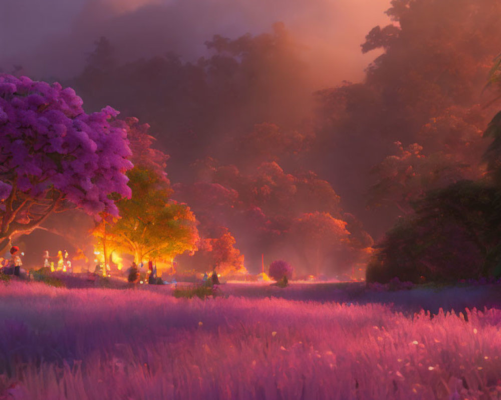 Lavender field at sunset with purple tree and golden light.
