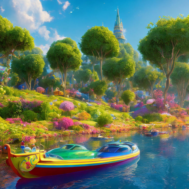 Vibrant fantasy river scene with whimsical boats and majestic tower