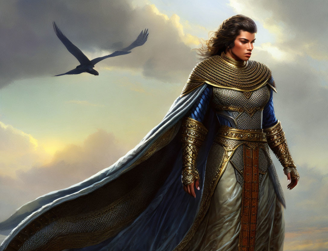 Regal warrior in ornate armor under dramatic sky with flowing cape and soaring bird