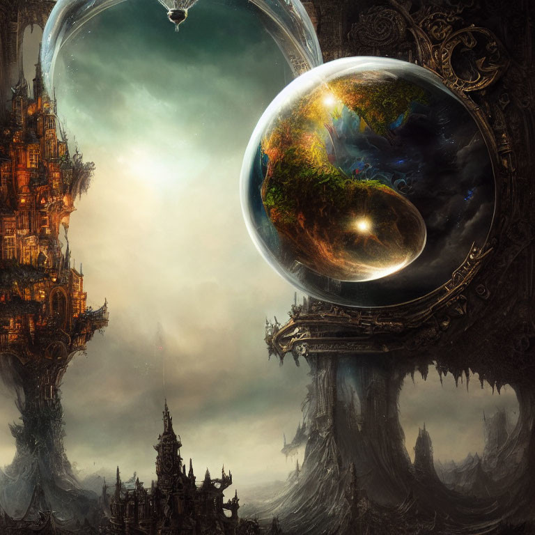 Surreal artwork: Vibrant Earth-like sphere with gothic architecture.