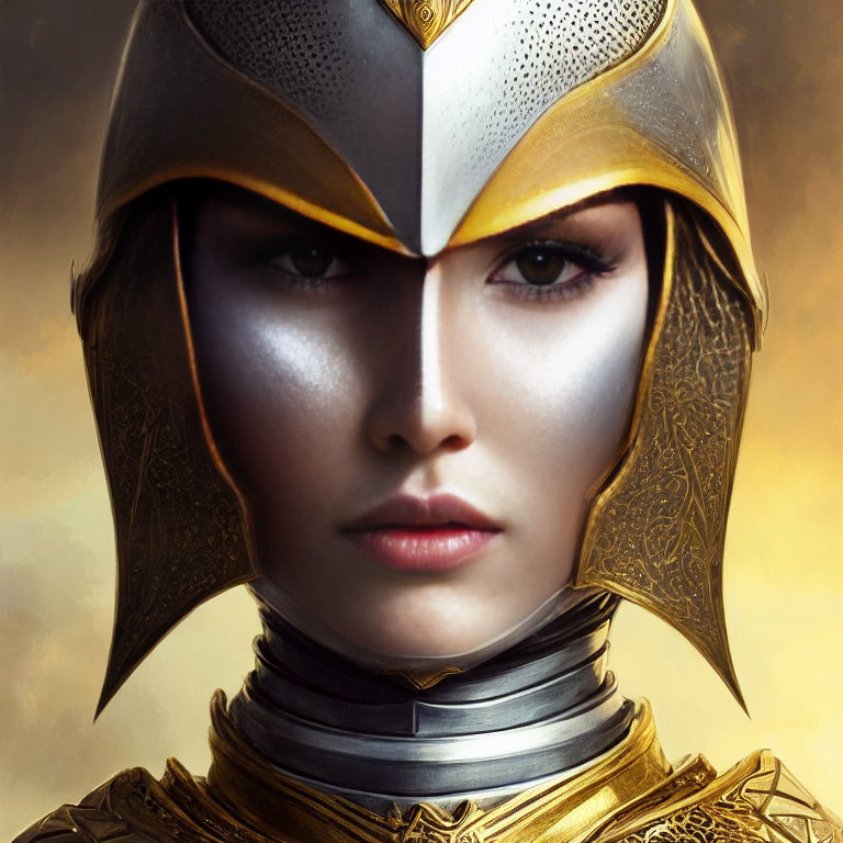 Portrait of Person in Ornate Golden Armor and Helmet