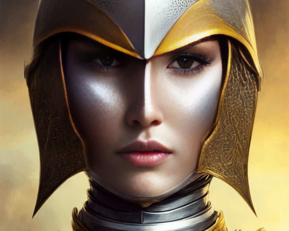 Portrait of Person in Ornate Golden Armor and Helmet