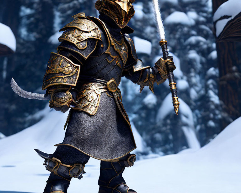Armored knight with gold details holding sword in snowy forest.