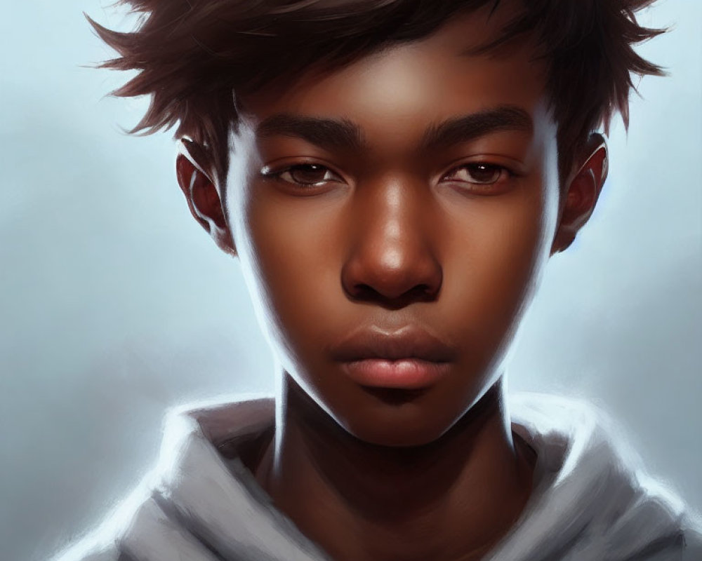 Detailed digital portrait of a young male with expressive eyes, tousled hair, hoodie, soft lighting,