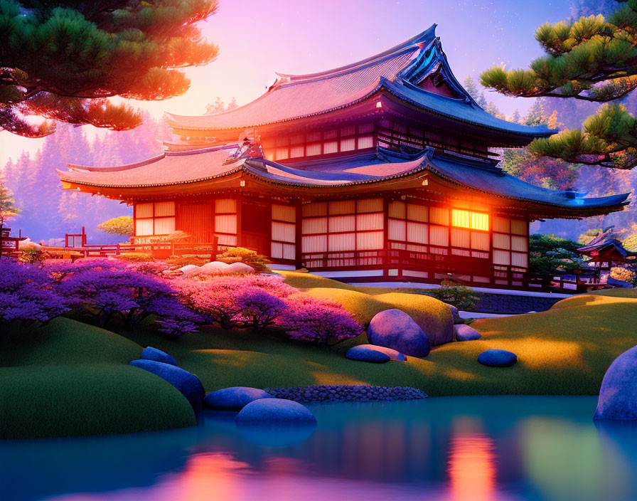 Curved roof Japanese architecture in serene garden at dusk