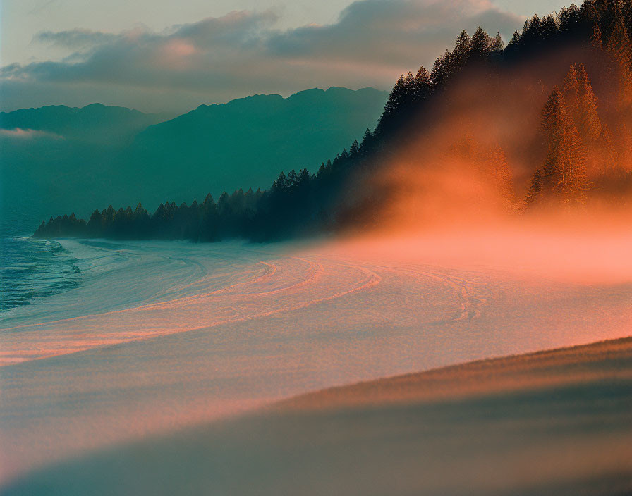 Orange-Tinted Snowy Landscape with Mist and Mountains at Dusk
