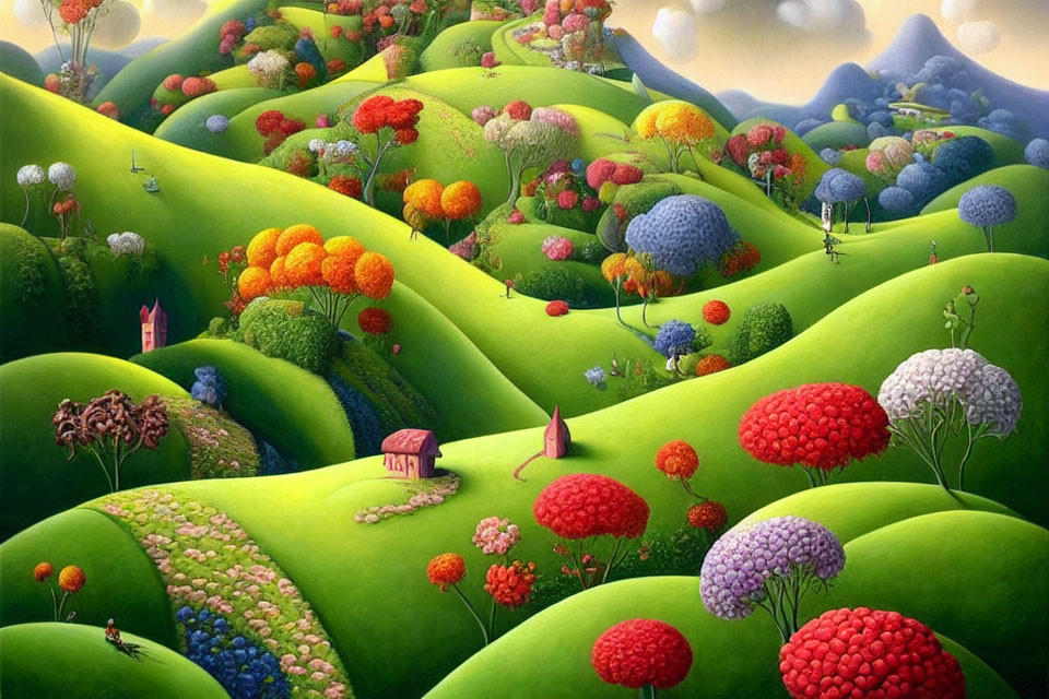 Colorful landscape with green hills, stylized trees, and miniature houses under dreamy sky
