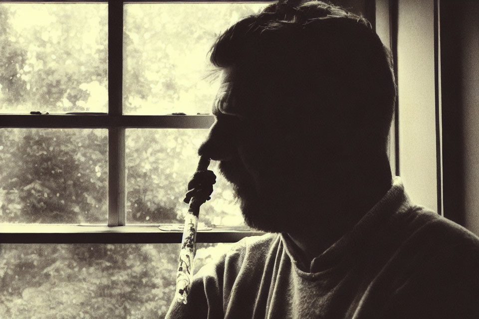 Sepia-toned silhouette of bearded man gazing out window with foliage, holding object.