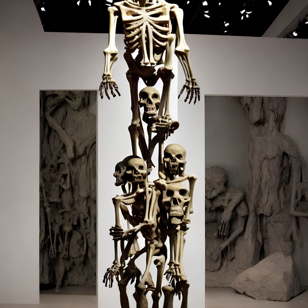 Multilayered skeleton sculpture in art gallery display