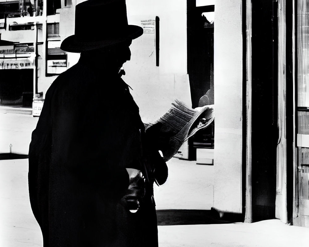Figure in hat and coat reading newspaper by building column with sharp shadows