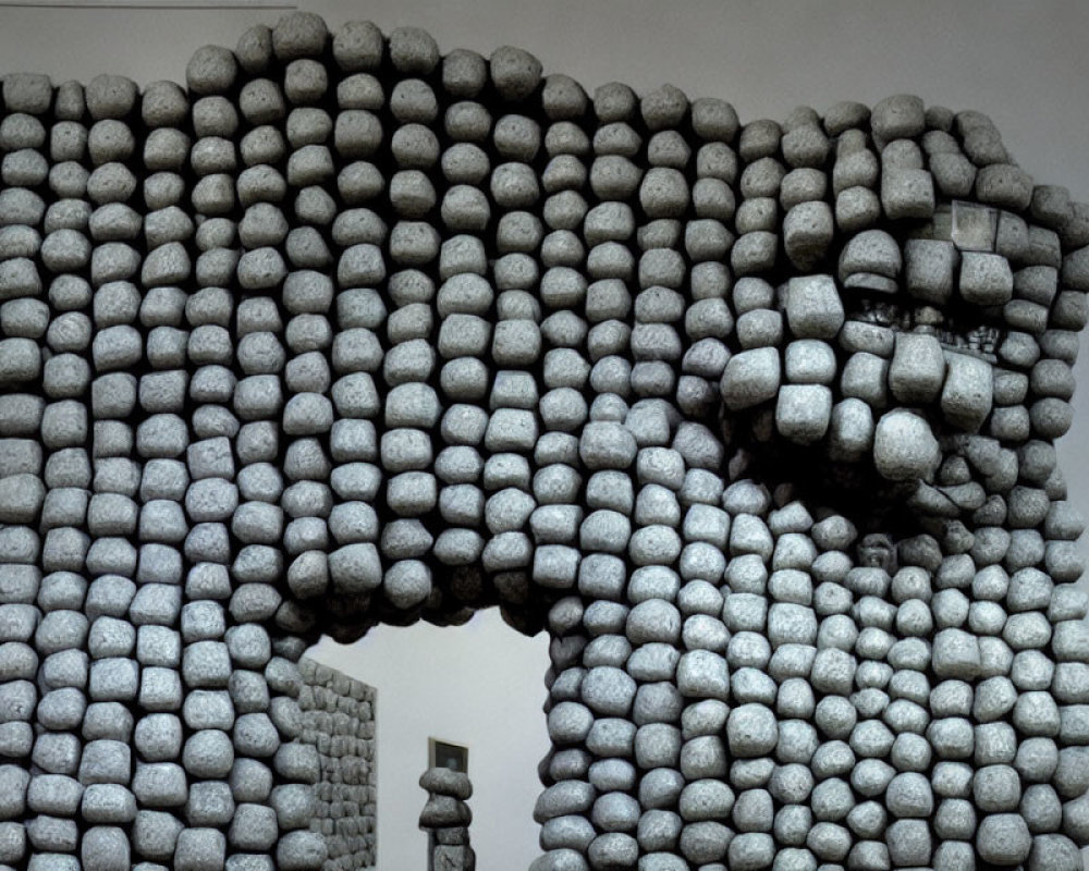 Textured Human Face Sculpture with Spherical Stones and Eye Archway