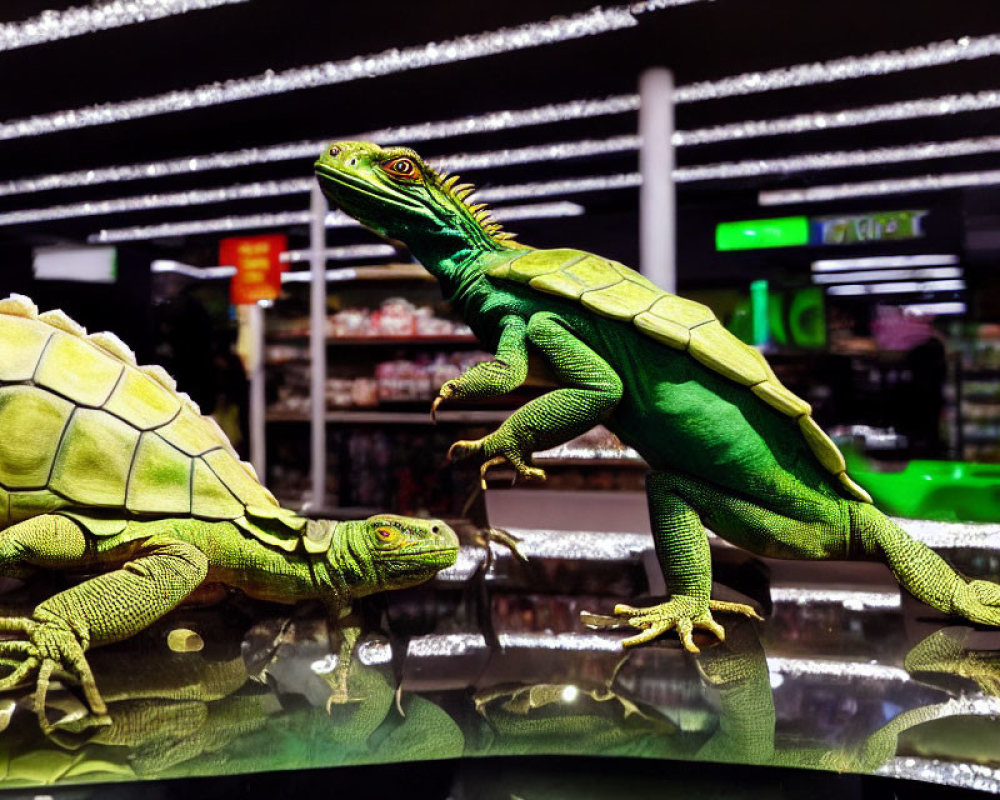Two green lizard figurines on reflective surface with grocery shelves in background