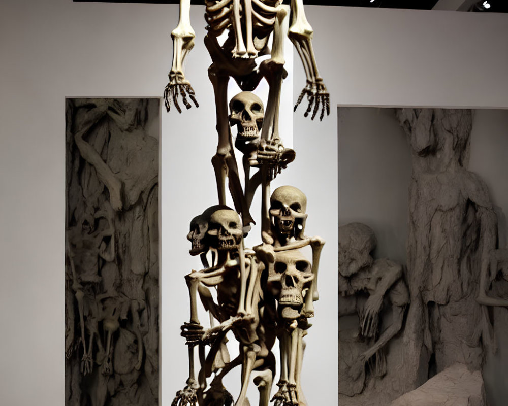 Multilayered skeleton sculpture in art gallery display