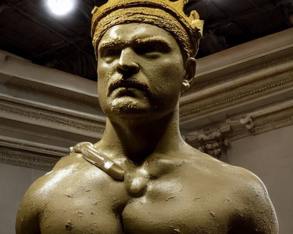 Muscular Man Bronze Statue with Crown and Decorative Background