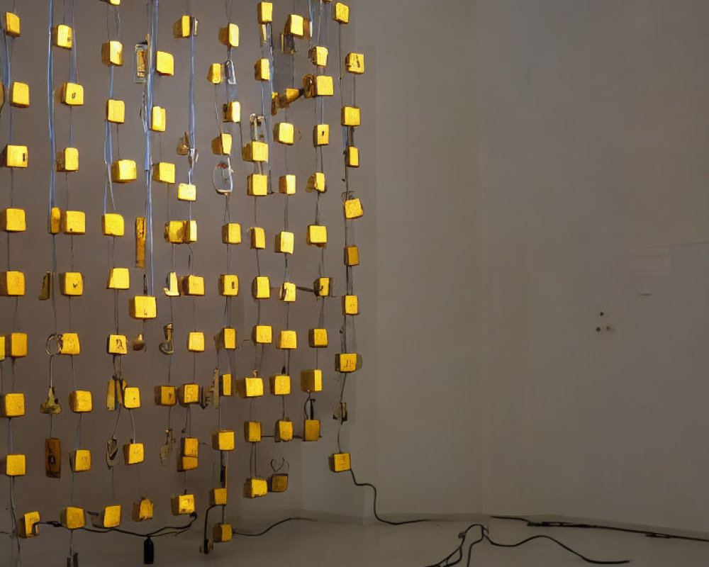 Grid of Lit-Up Square Panels Form Glowing Mosaic on White Wall