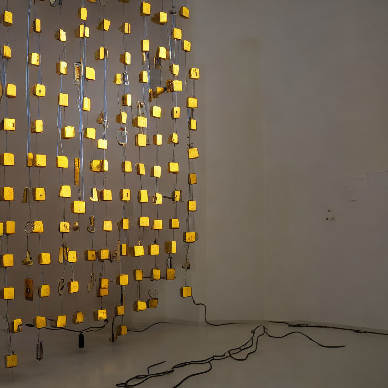 Grid of Lit-Up Square Panels Form Glowing Mosaic on White Wall