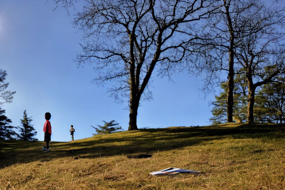 Children on grassy hill with book under clear blue sky
