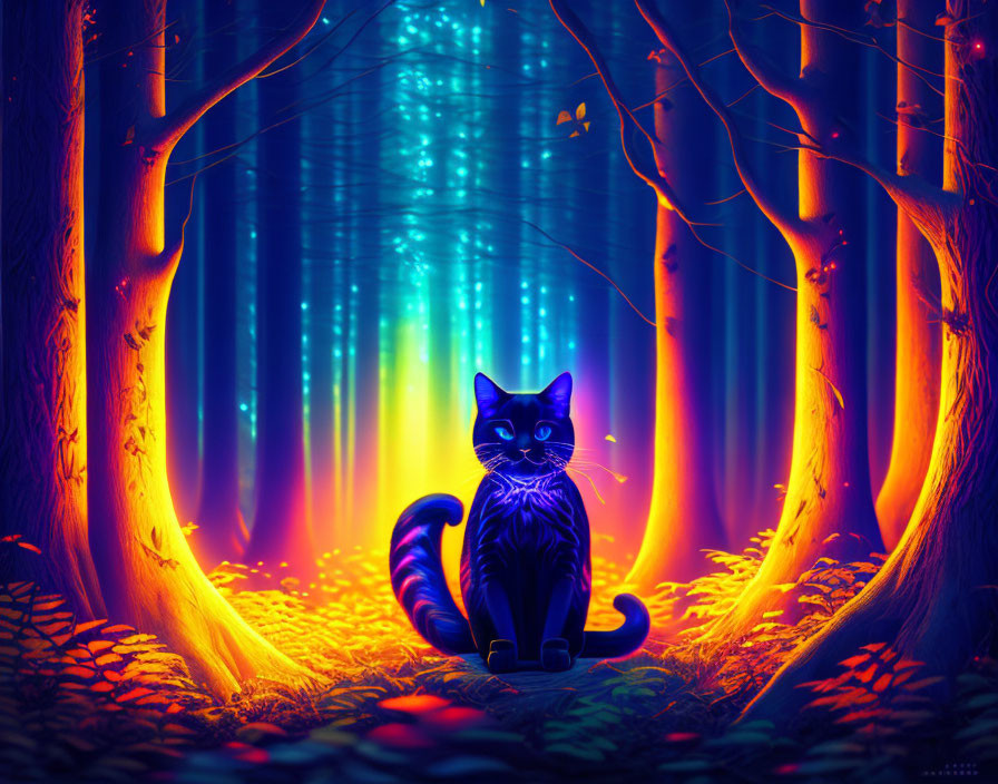 Black Cat in Enchanted Forest with Glowing Trees