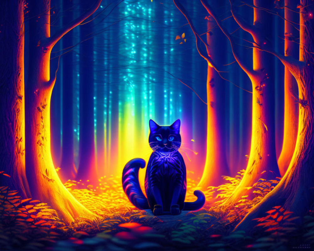 Black Cat in Enchanted Forest with Glowing Trees