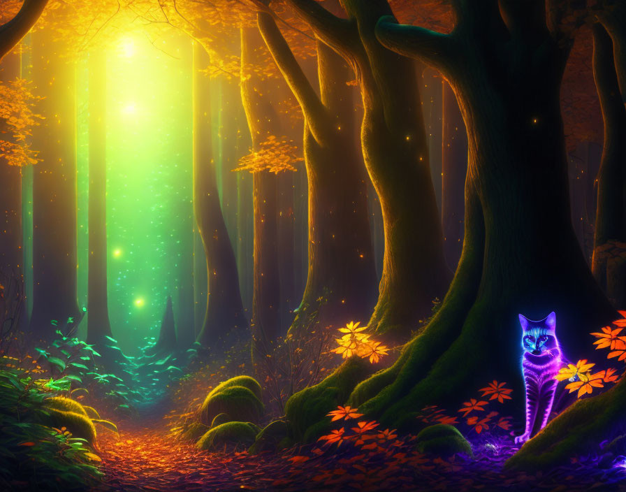 Neon-Blue Cat in Mystical Forest with Glowing Green Light