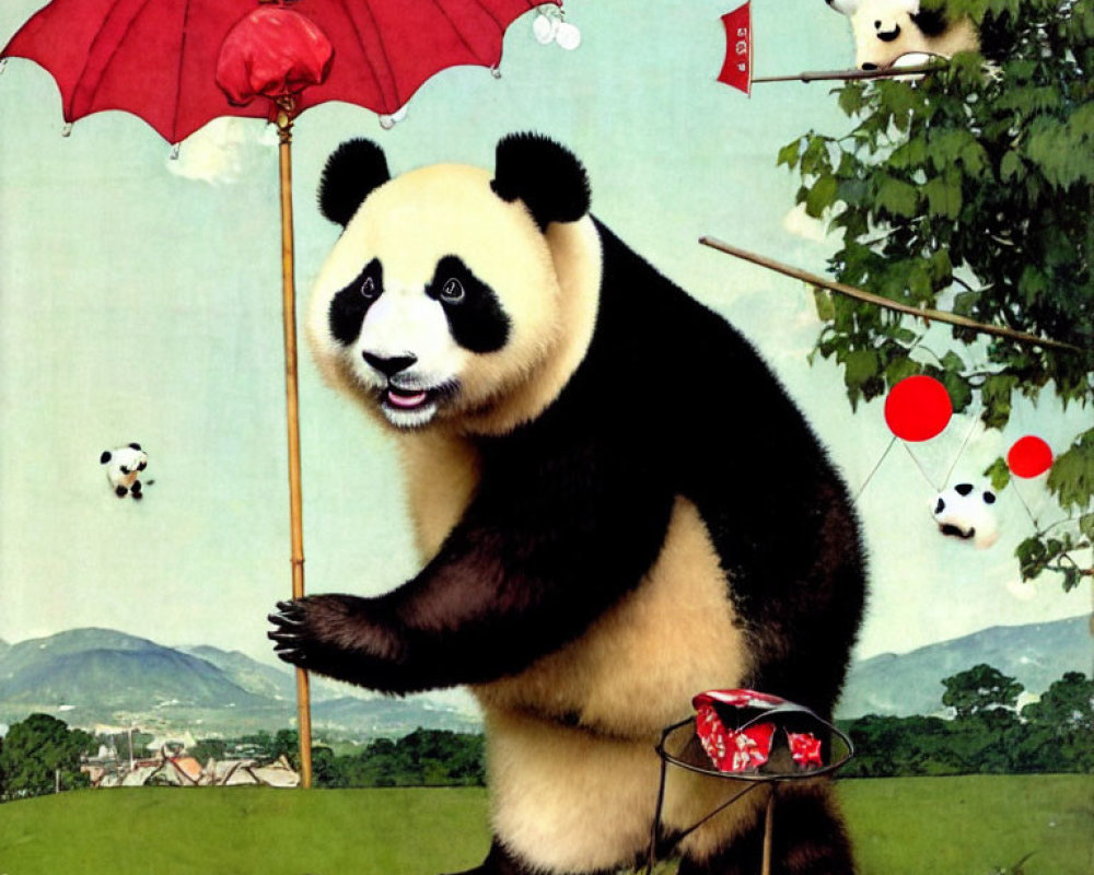 Panda with Red Umbrella Surrounded by Mini Pandas in Whimsical Field