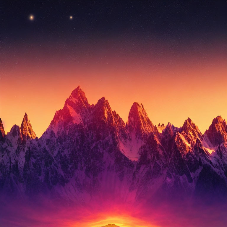 Snow-Covered Mountain Peaks Under Starry Sky with Pink and Orange Horizon Glow