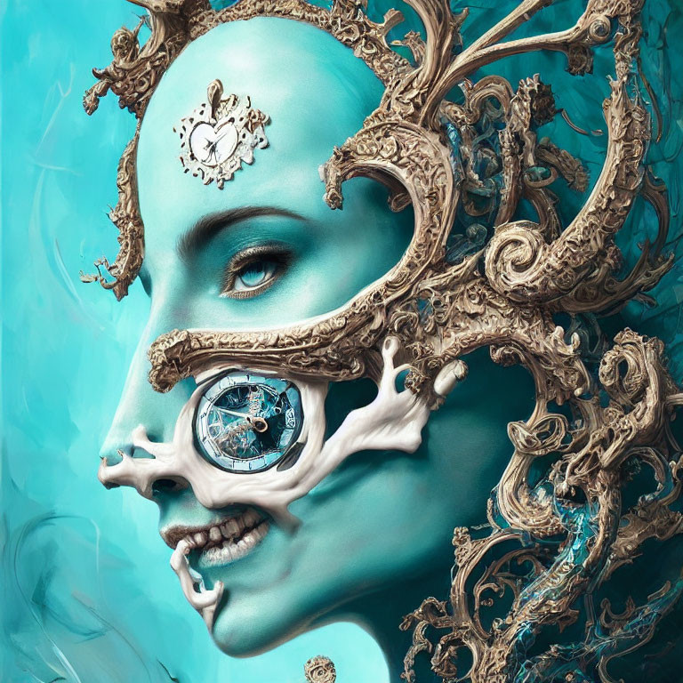 Surreal portrait with clockwork face embellishments in cool blue tones