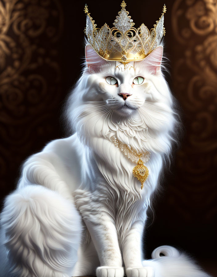 White Cat with Golden Crown and Pendant on Dark Patterned Background