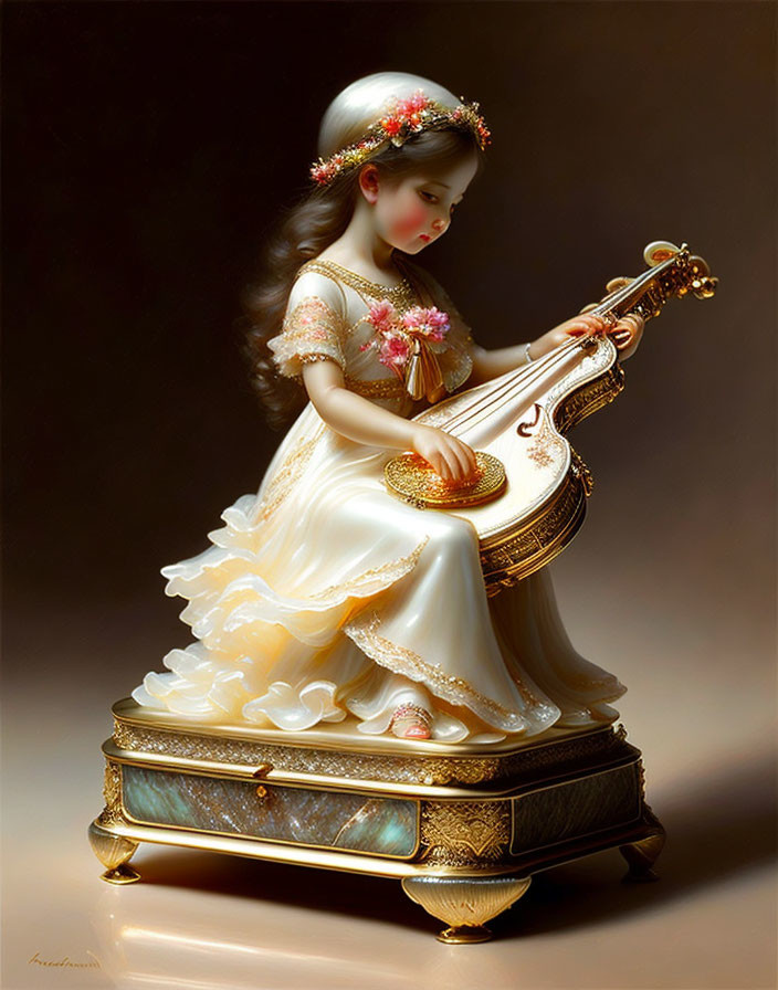 Serene girl in white and gold dress playing golden stringed instrument