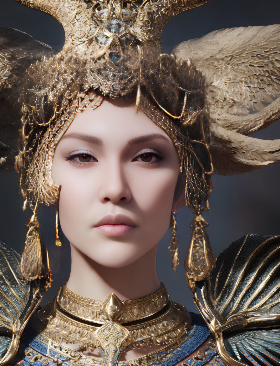 Intricate golden headdress and armor on figure in dark setting